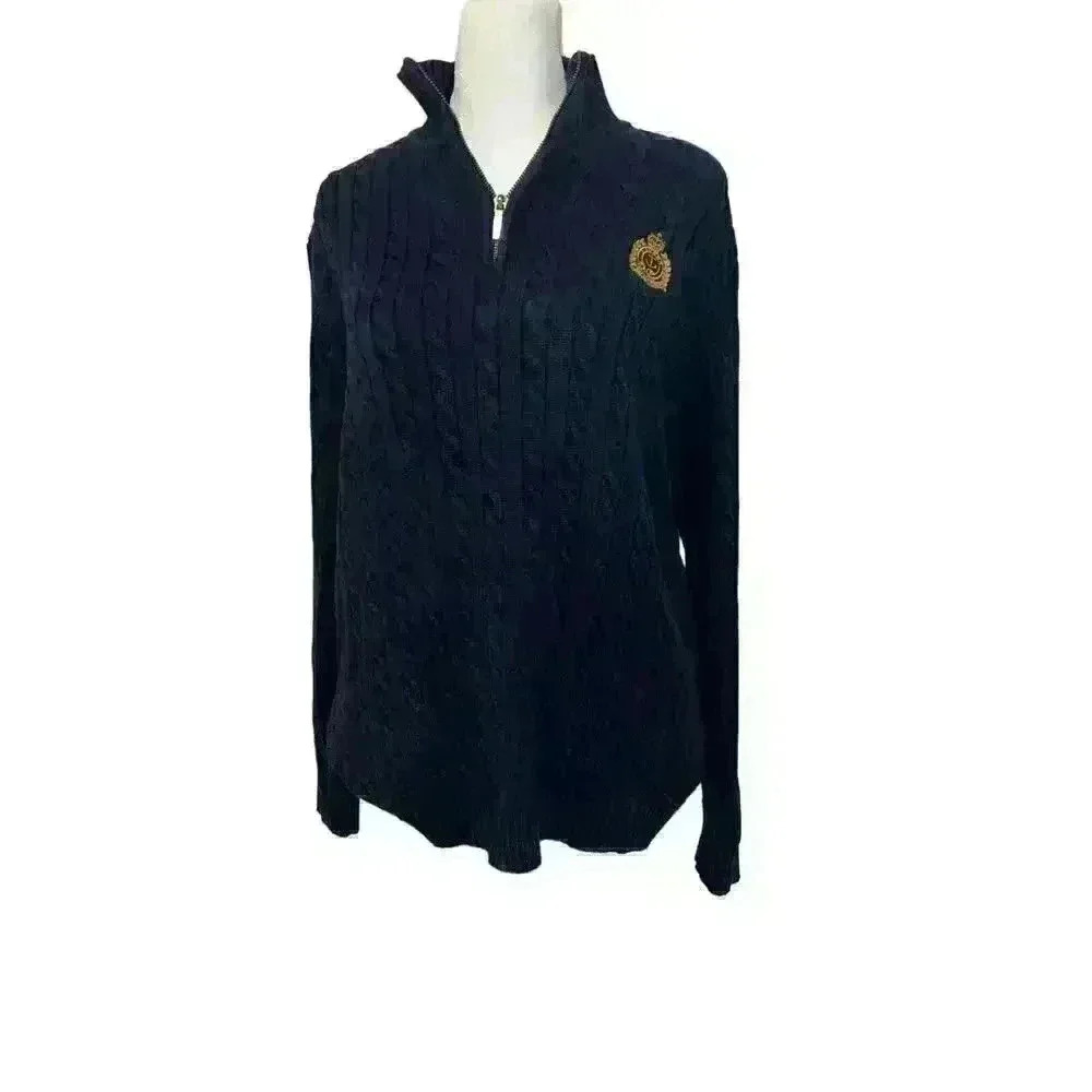 Ladies RALPH LAUREN L Navy Blue 100% Cotton Cable Knit Zip Neck Sweater Washable